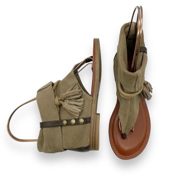 MIA Natasha Tan Stone Suede Boho Thong Ankle Wrap Tassel Sandal Women’s Size 7 - Picture 3 of 16